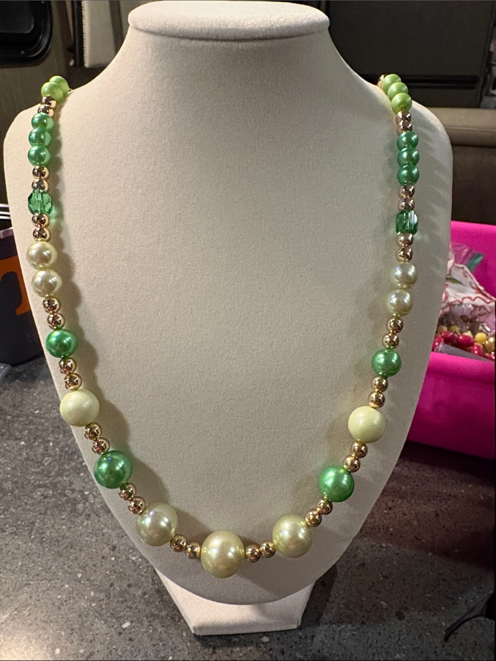 Green Pearl Bead Necklace with Gold Accents - Women's Jewelry